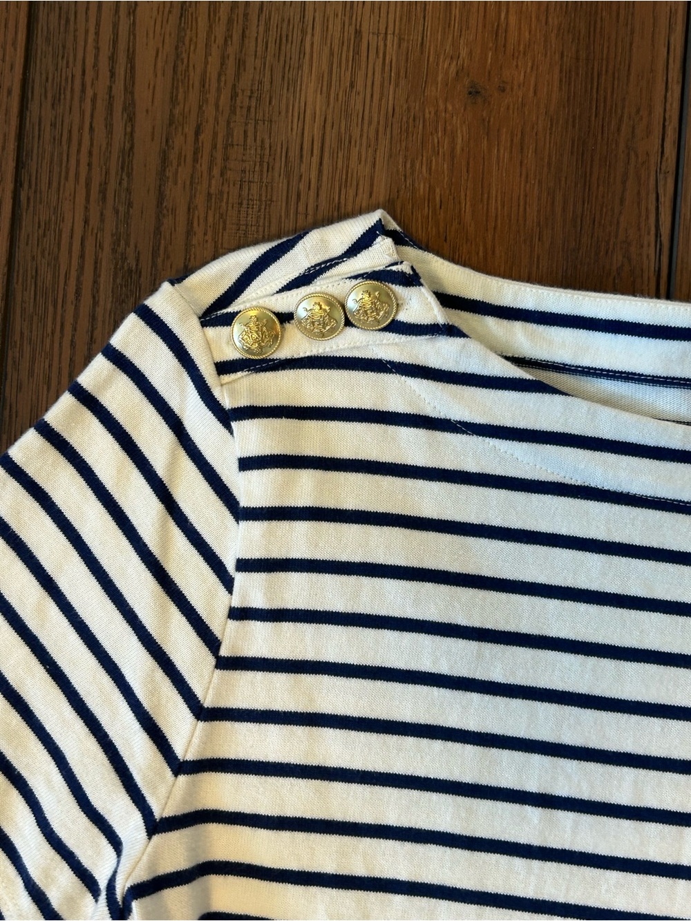 J. Crew Stripped Sailor Tee Gold Button Shoulder Blouse, Europe Trip Sz S - Picture 3 of 7